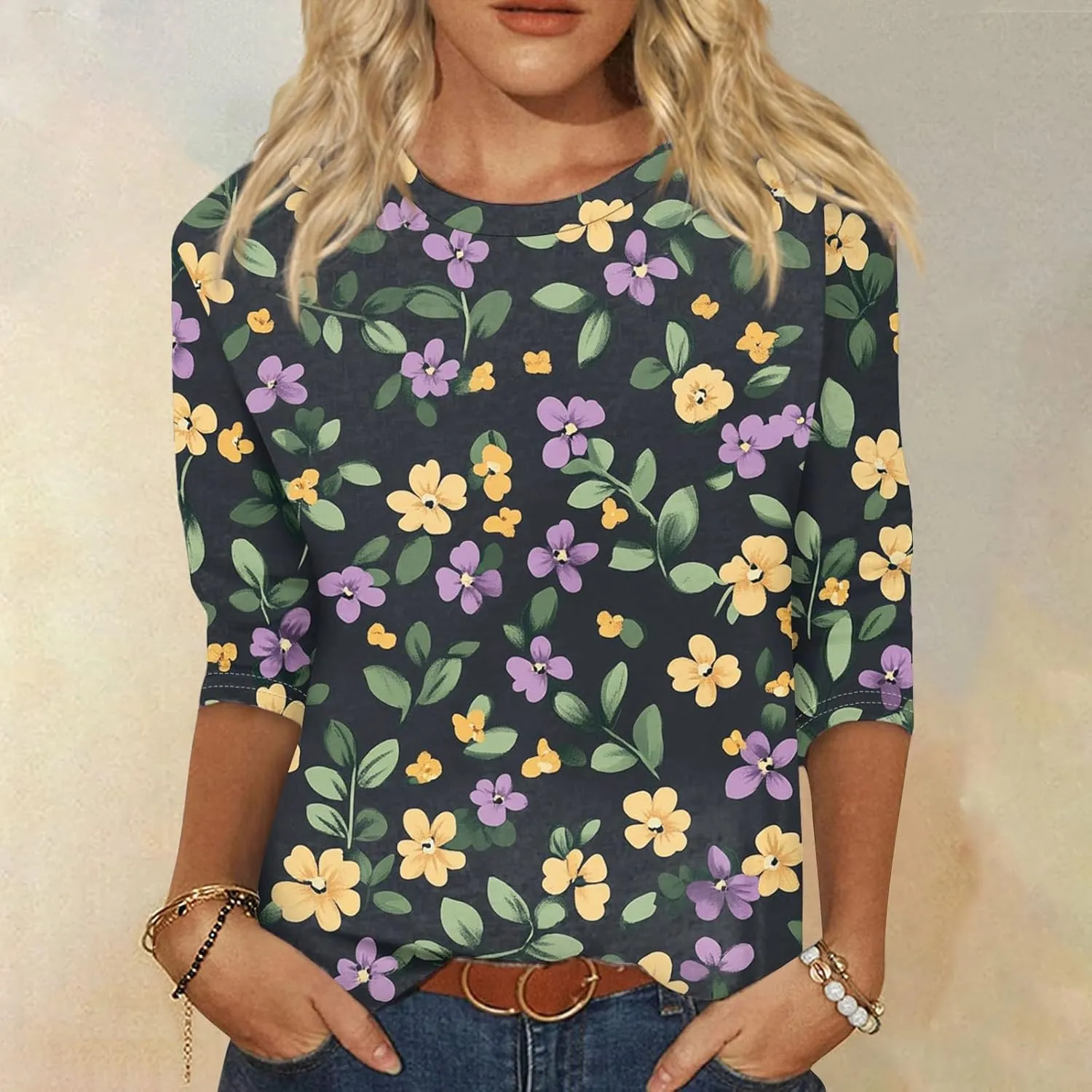 Summer Tops for Women 2025 Beach Vacation 3/4 Sleeve Print T-Shirts Plus Size Crewneck Going Out Shirts Loose Tunic