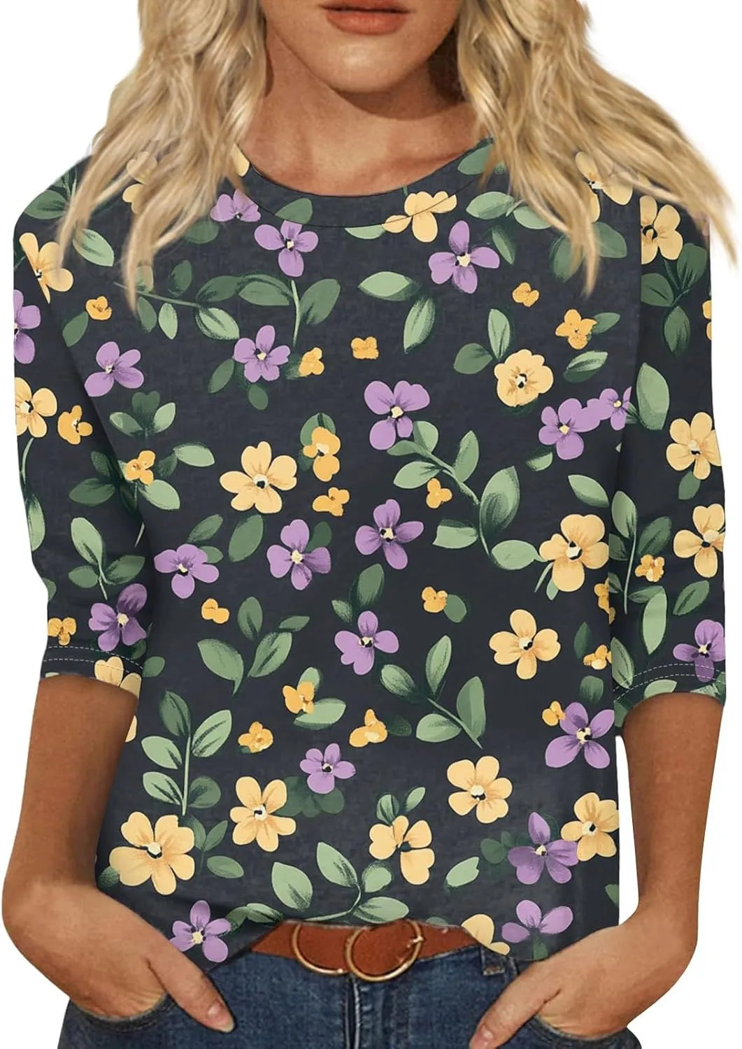 Summer Tops for Women 2025 Beach Vacation 3/4 Sleeve Print T-Shirts Plus Size Crewneck Going Out Shirts Loose Tunic