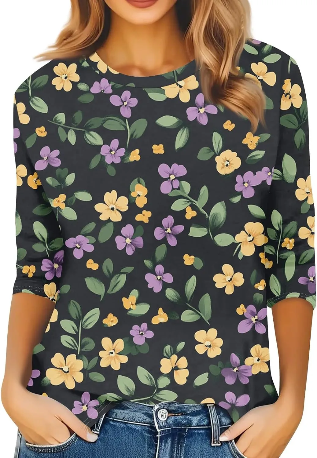 Summer Tops for Women 2025 Beach Vacation 3/4 Sleeve Print T-Shirts Plus Size Crewneck Going Out Shirts Loose Tunic