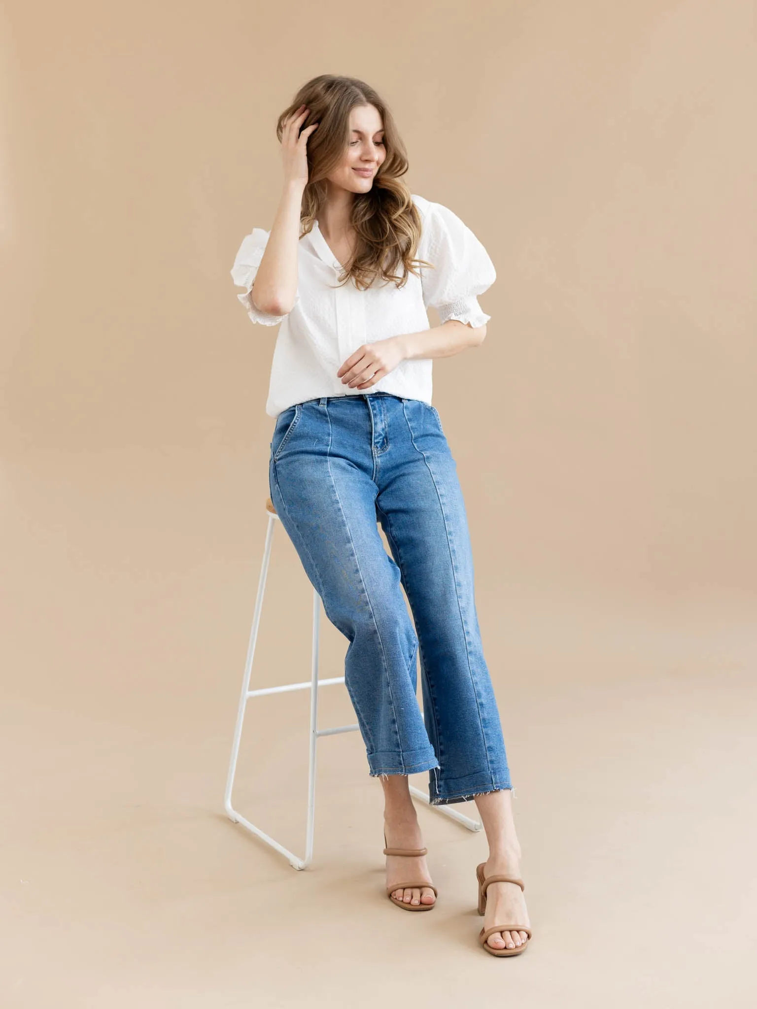 Textured Woven Notched Puff Sleeve Blouse