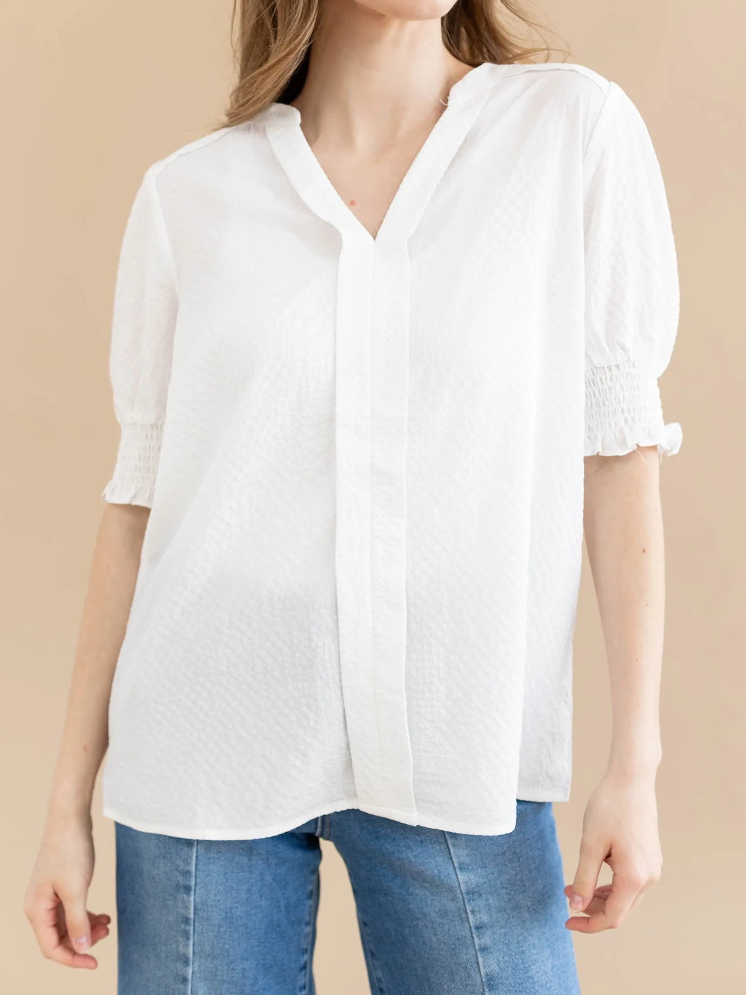 Textured Woven Notched Puff Sleeve Blouse