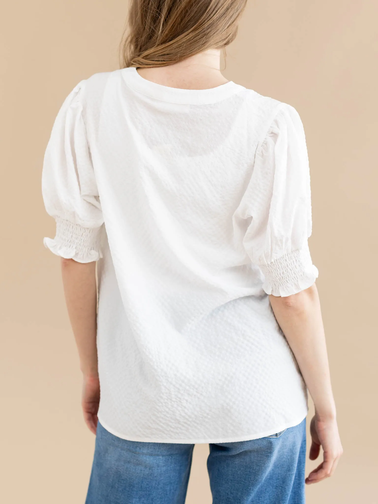 Textured Woven Notched Puff Sleeve Blouse