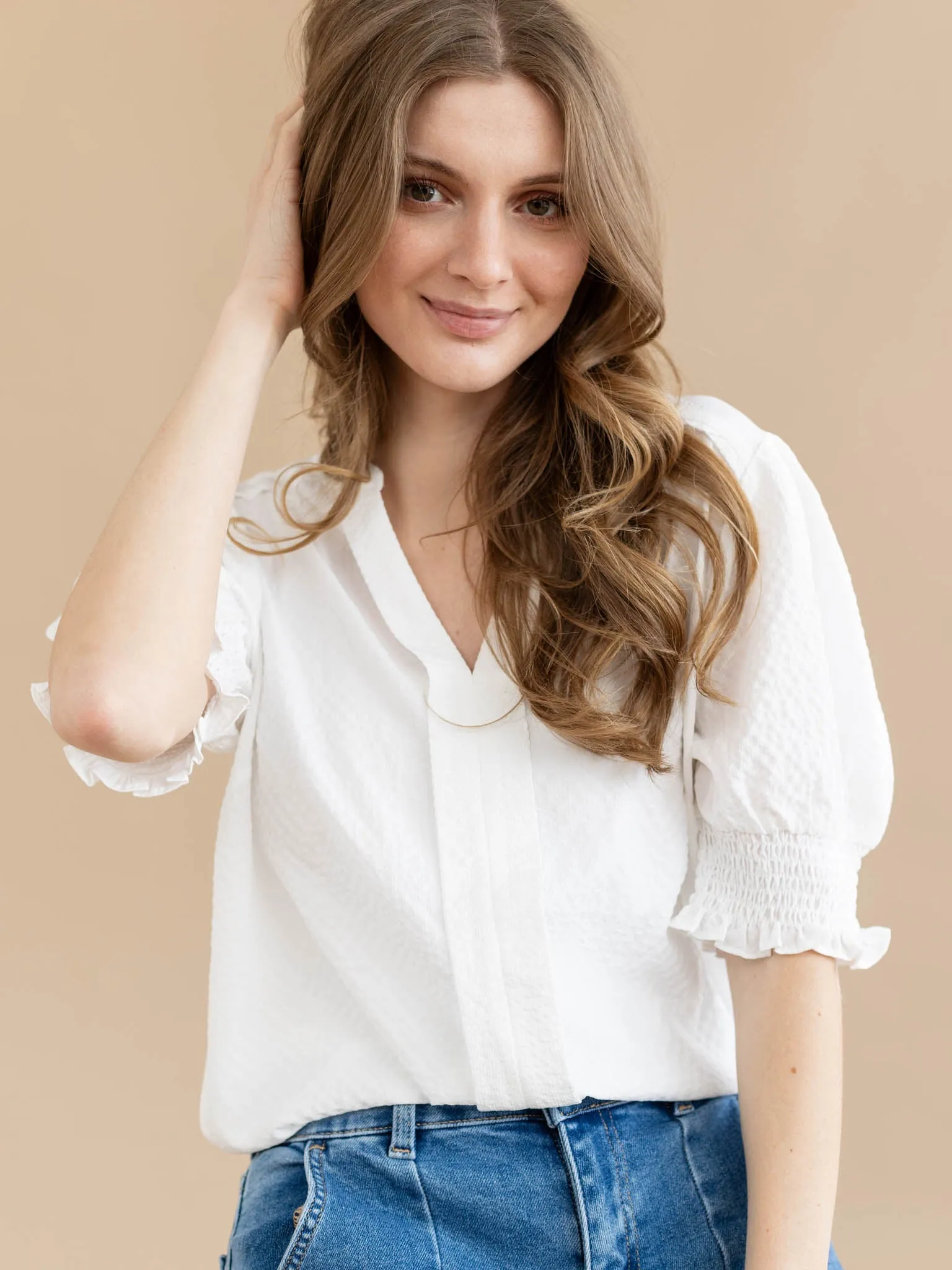 Textured Woven Notched Puff Sleeve Blouse
