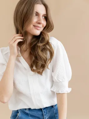 Textured Woven Notched Puff Sleeve Blouse