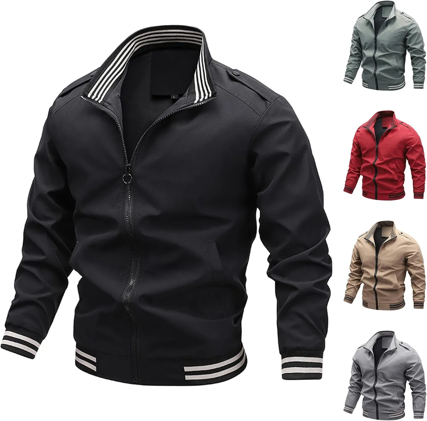 Thatrich Bomber Jacket for Men Light Zip Up Jackets Lapel Long Sleeve Coat Fall Trendy Outer wear Windbreaker Jacket Slim Fit