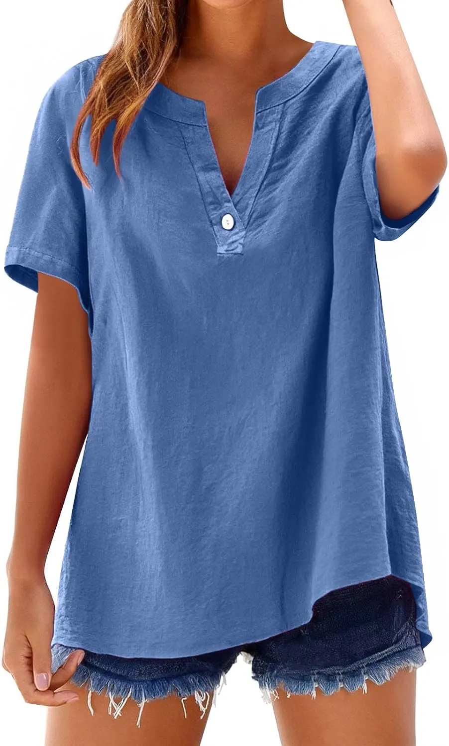 Tops for Women Trendy Summer 2025 Cotton Linen Shirts Short Sleeve V Neck Blouses Casual Tunic Loose Fit Outfits