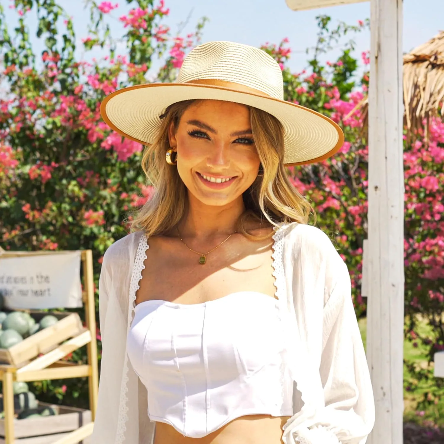 Unisex Wide Brim Sun Hat Straw Panama Rancher Fedora Hat for Men Beach Hat for Women