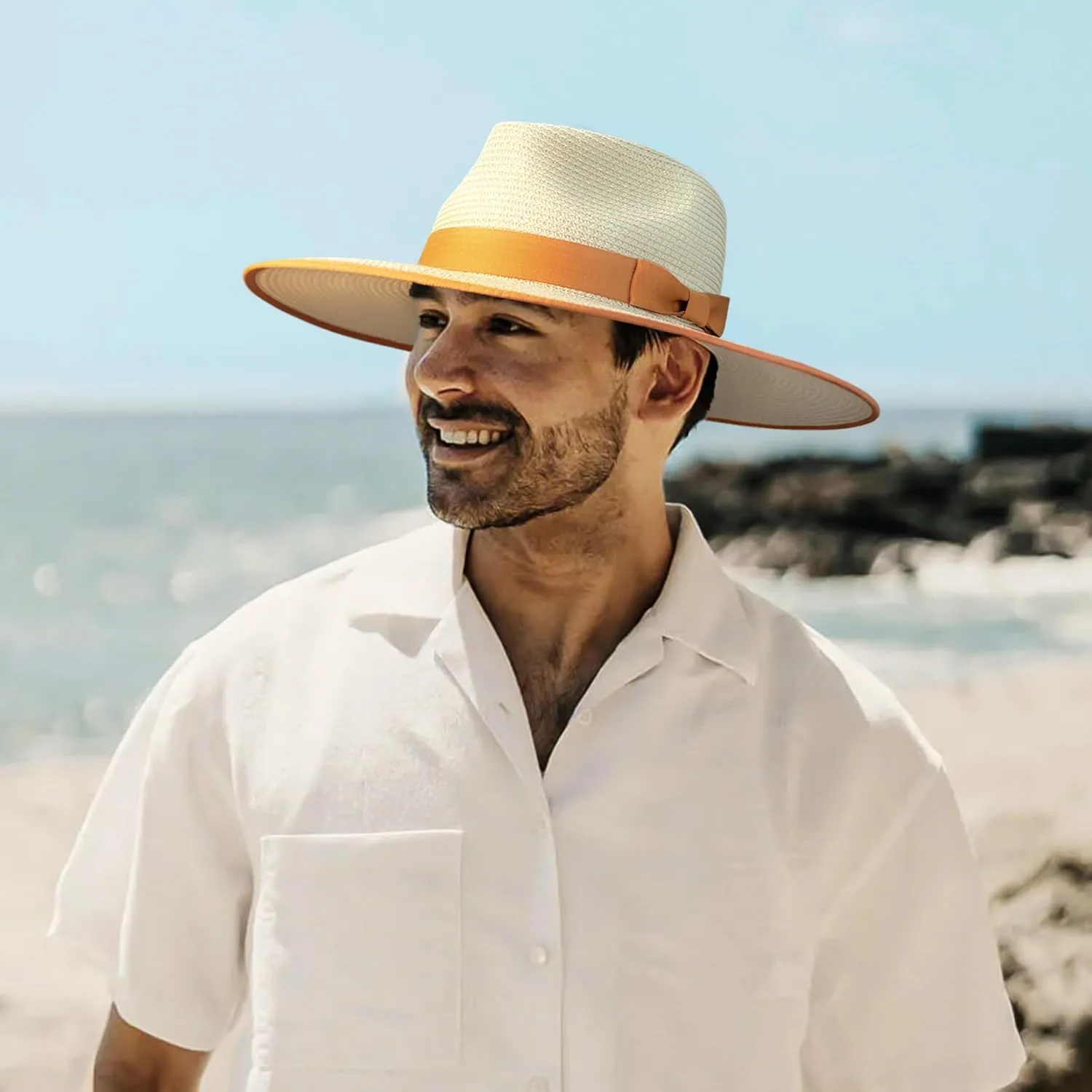 Unisex Wide Brim Sun Hat Straw Panama Rancher Fedora Hat for Men Beach Hat for Women