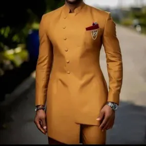 Voguable Brown Jodhpuri Suit with Stand Collar 2 Piece Formal Wedding Groom Tuxedo Male Fashion Jacket Pants New Arrival