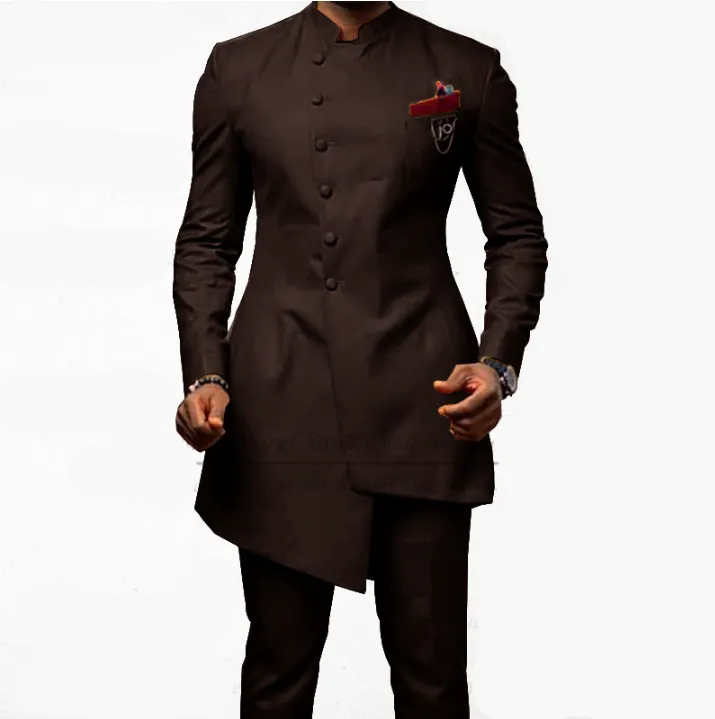 Voguable Brown Jodhpuri Suit with Stand Collar 2 Piece Formal Wedding Groom Tuxedo Male Fashion Jacket Pants New Arrival