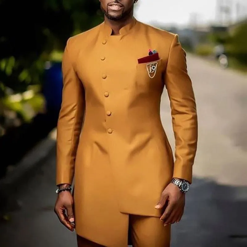 Voguable Brown Jodhpuri Suit with Stand Collar 2 Piece Formal Wedding Groom Tuxedo Male Fashion Jacket Pants New Arrival