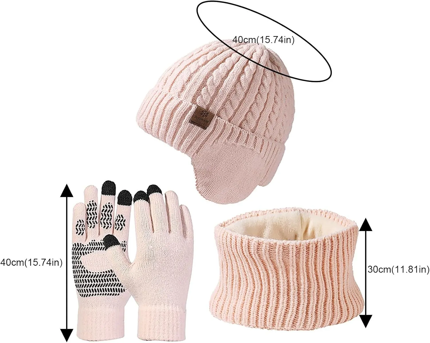 Warm Winter Knit Beanie Hat Neck Warmer Scarf Touchscreen Gloves Set 3 Pcs Wool Lined Skull Cap for Men Women