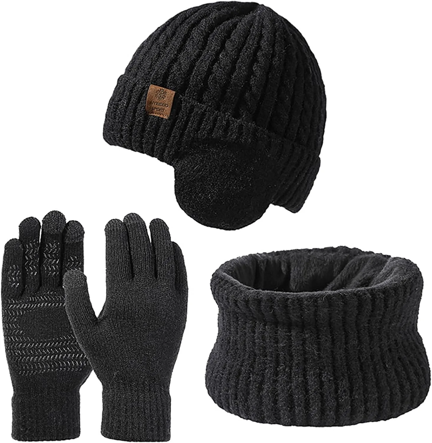 Warm Winter Knit Beanie Hat Neck Warmer Scarf Touchscreen Gloves Set 3 Pcs Wool Lined Skull Cap for Men Women