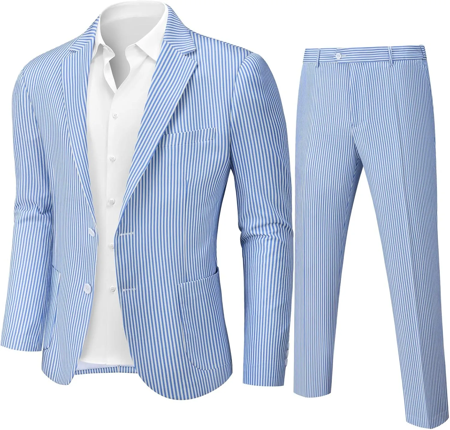 WEEN CHARM Men's 2 Piece Slim Fit Pinstripe Seersucker Suit Lightweight Breathable for Beach Wedding Summer Formal