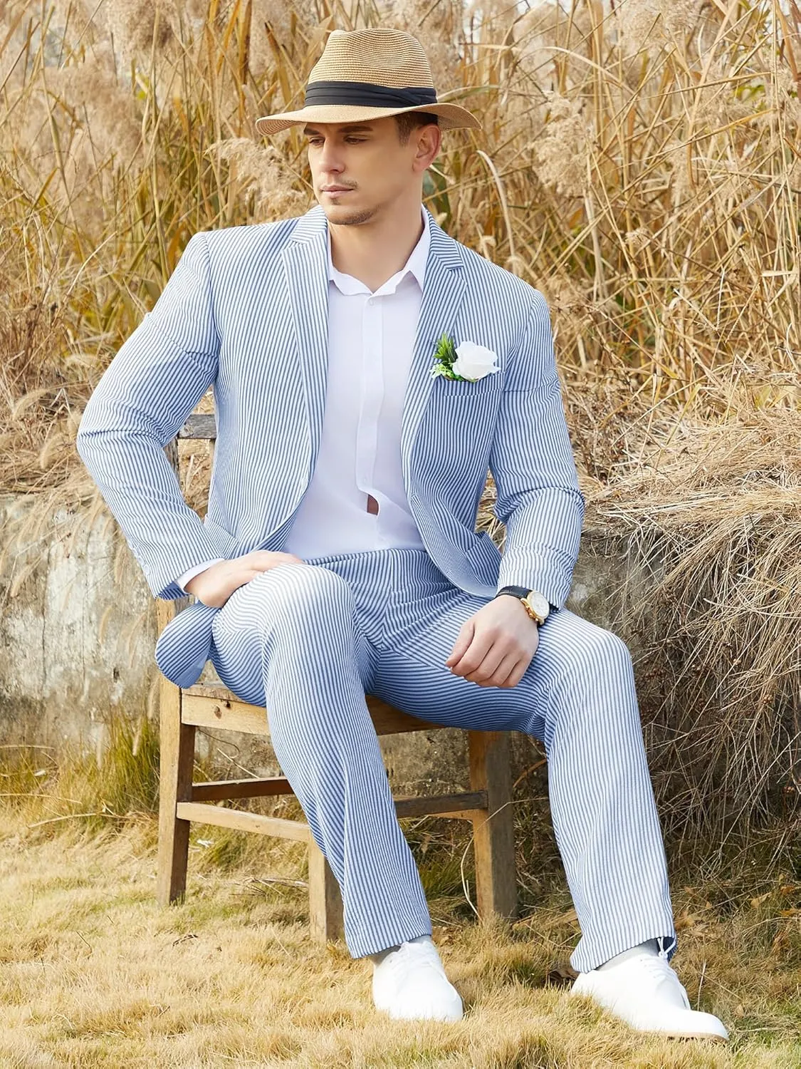 WEEN CHARM Men's 2 Piece Slim Fit Pinstripe Seersucker Suit Lightweight Breathable for Beach Wedding Summer Formal