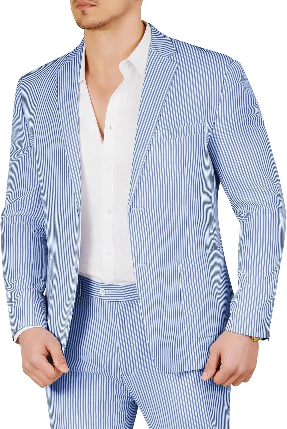 WEEN CHARM Men's 2 Piece Slim Fit Pinstripe Seersucker Suit Lightweight Breathable for Beach Wedding Summer Formal