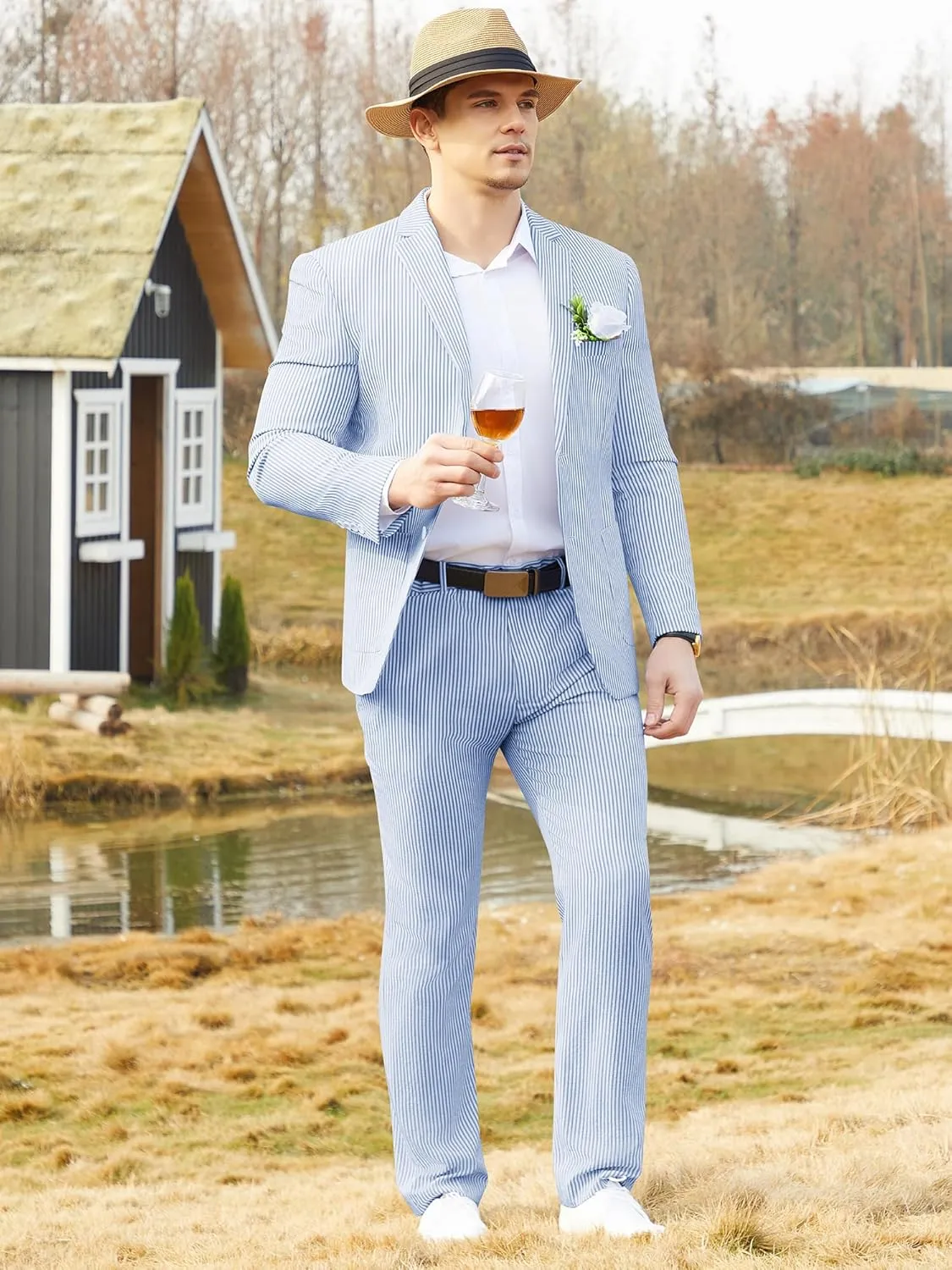 WEEN CHARM Men's 2 Piece Slim Fit Pinstripe Seersucker Suit Lightweight Breathable for Beach Wedding Summer Formal