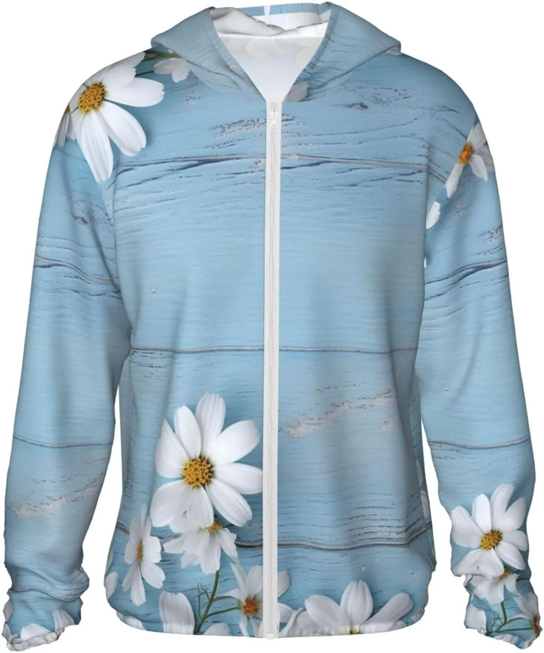 White Flowers Light Blue Wood Unisex Sun Protection Hoodie UPF 50 Long Sleeve Sun Shirt Breathable Hoodie Jacket