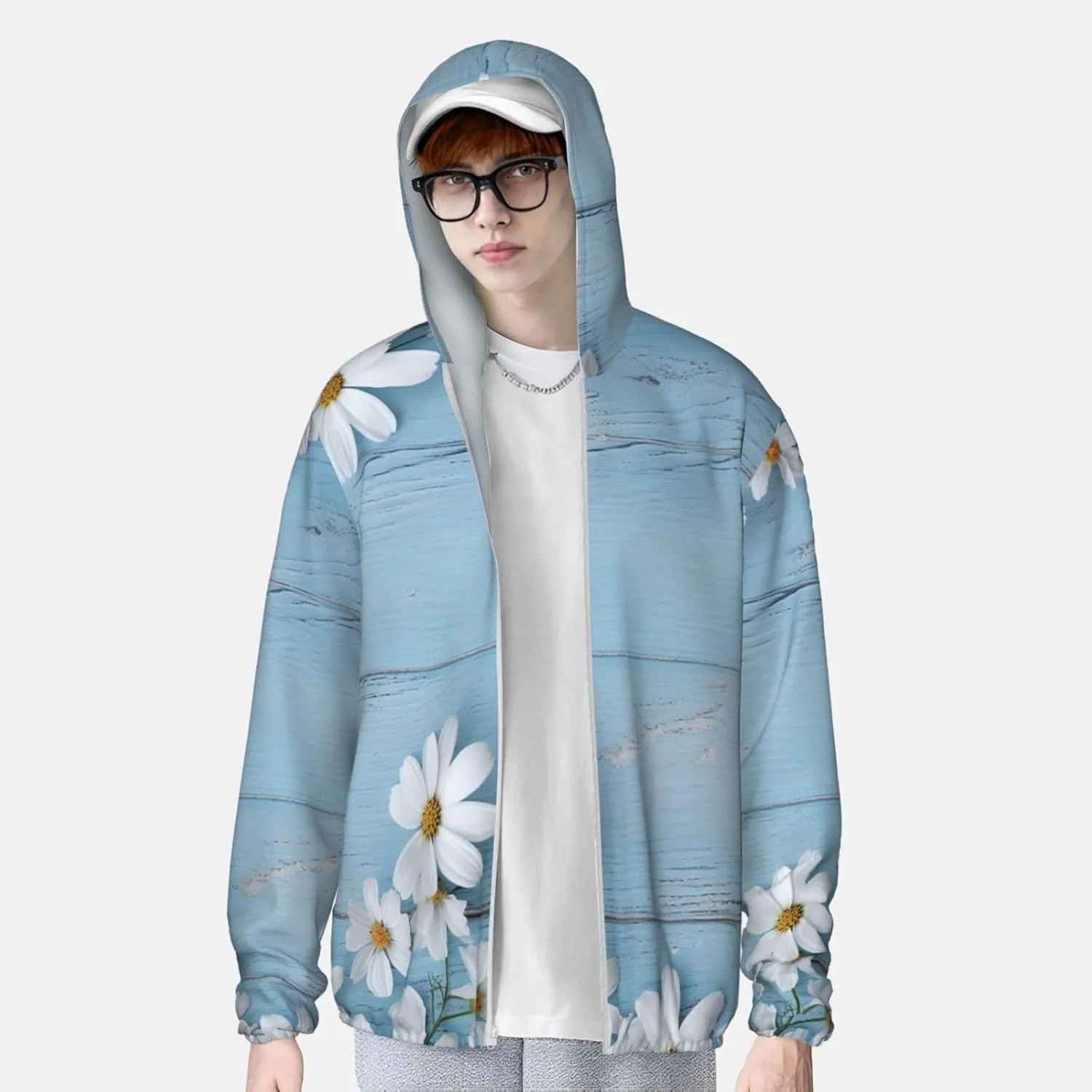 White Flowers Light Blue Wood Unisex Sun Protection Hoodie UPF 50 Long Sleeve Sun Shirt Breathable Hoodie Jacket