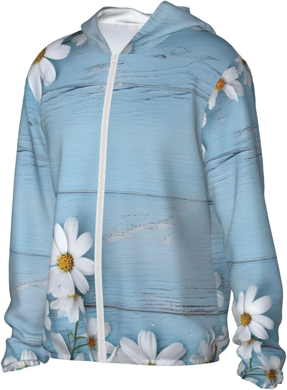White Flowers Light Blue Wood Unisex Sun Protection Hoodie UPF 50 Long Sleeve Sun Shirt Breathable Hoodie Jacket