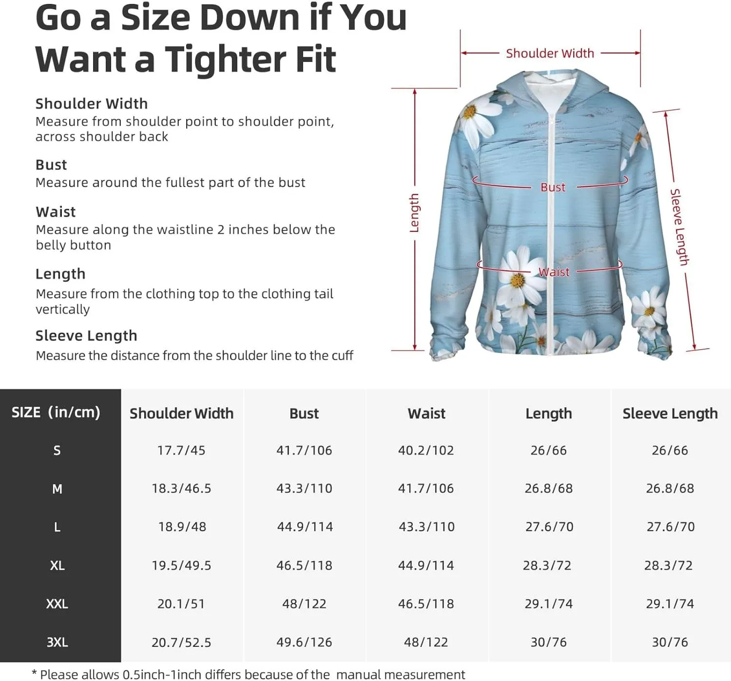 White Flowers Light Blue Wood Unisex Sun Protection Hoodie UPF 50 Long Sleeve Sun Shirt Breathable Hoodie Jacket