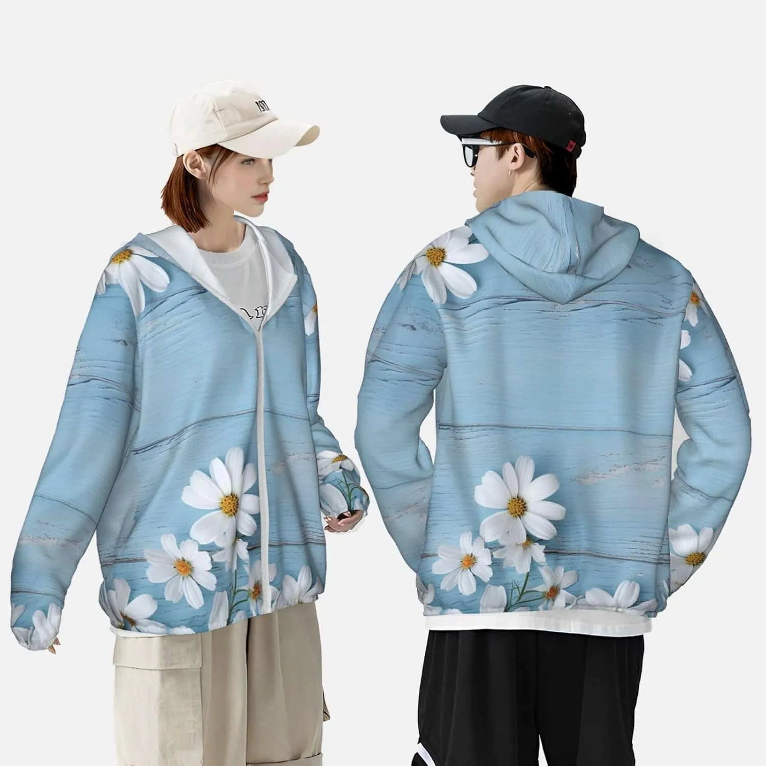 White Flowers Light Blue Wood Unisex Sun Protection Hoodie UPF 50 Long Sleeve Sun Shirt Breathable Hoodie Jacket