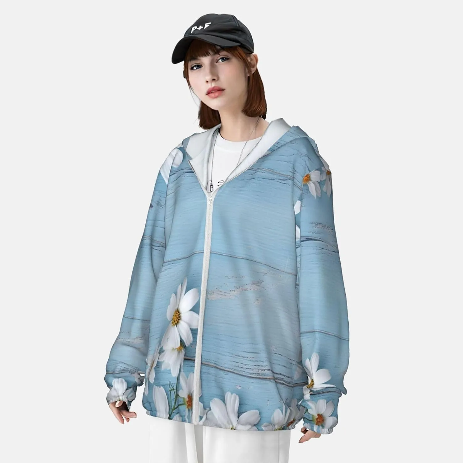 White Flowers Light Blue Wood Unisex Sun Protection Hoodie UPF 50 Long Sleeve Sun Shirt Breathable Hoodie Jacket