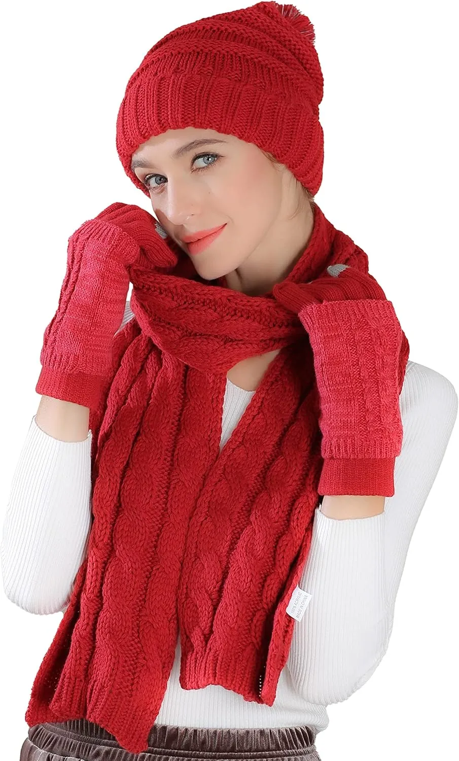 Winter Hat Gloves Scarf Set Women, Beanie with Pom Touchscreen Gloves Warm Knit Long Scarf 3 in 1 Set Gift for Women
