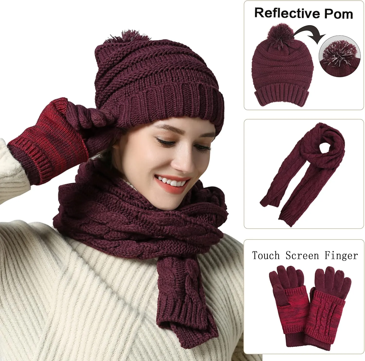 Winter Hat Gloves Scarf Set Women, Beanie with Pom Touchscreen Gloves Warm Knit Long Scarf 3 in 1 Set Gift for Women