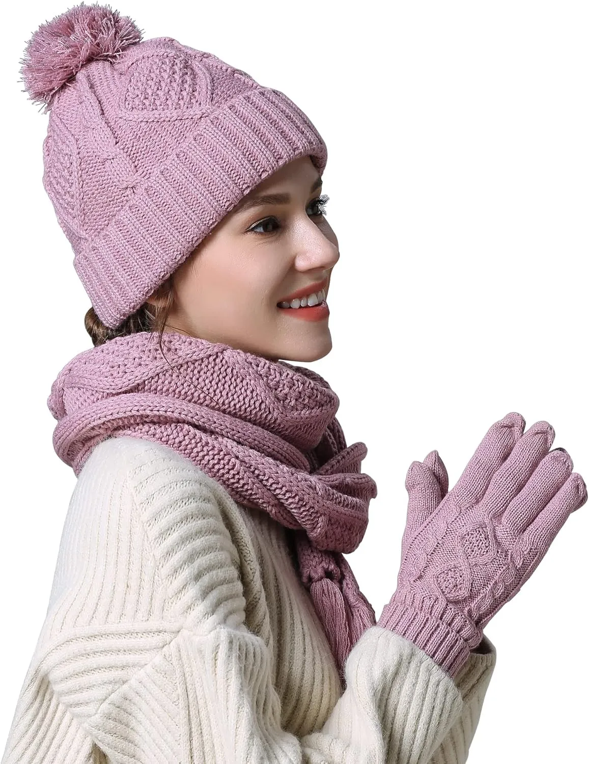 Winter Hat Gloves Scarf Set Women, Beanie with Pom Touchscreen Gloves Warm Knit Long Scarf 3 in 1 Set Gift for Women