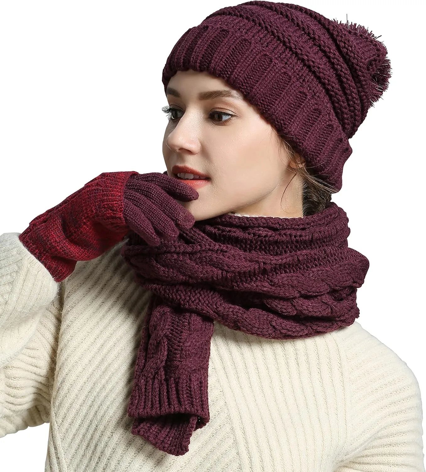 Winter Hat Gloves Scarf Set Women, Beanie with Pom Touchscreen Gloves Warm Knit Long Scarf 3 in 1 Set Gift for Women