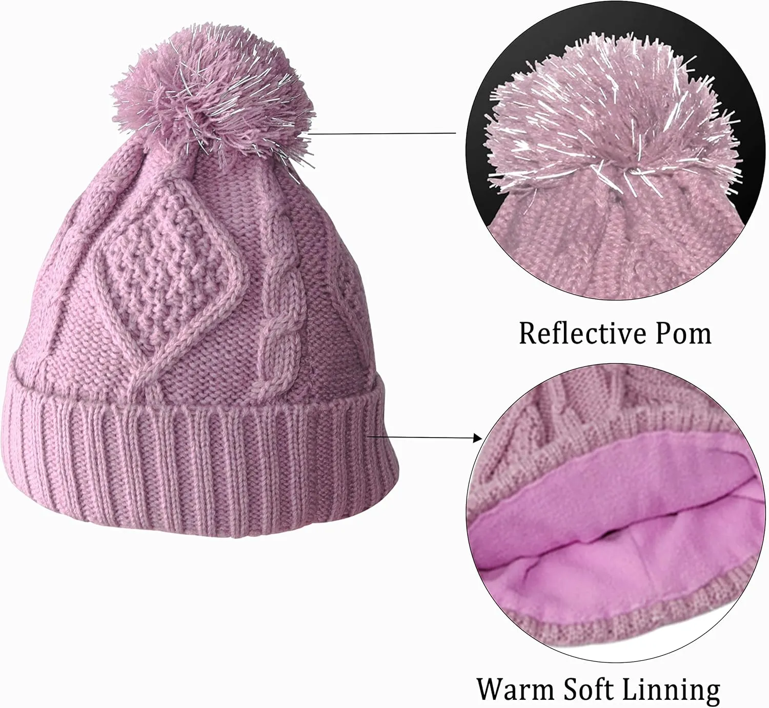 Winter Hat Gloves Scarf Set Women, Beanie with Pom Touchscreen Gloves Warm Knit Long Scarf 3 in 1 Set Gift for Women