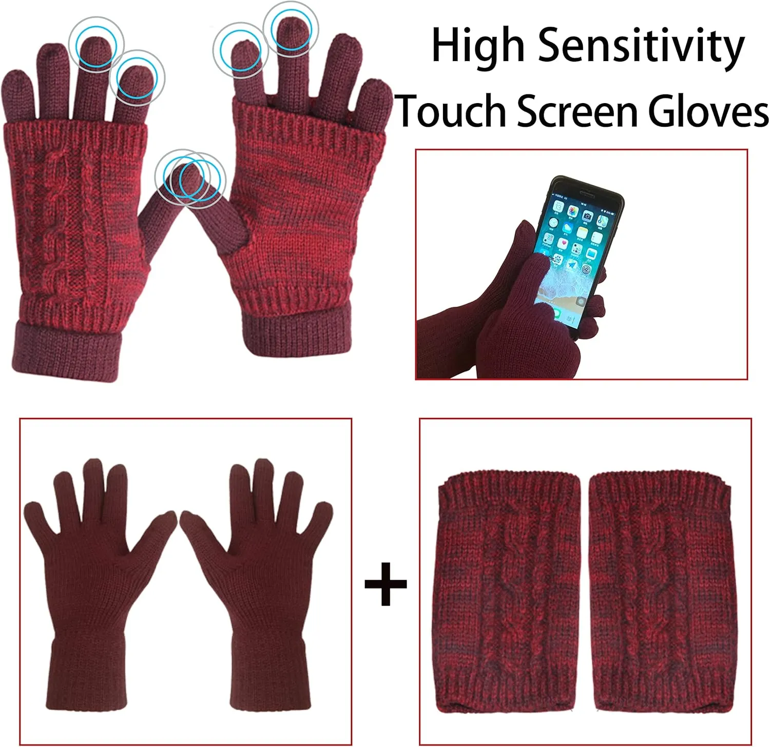 Winter Hat Gloves Scarf Set Women, Beanie with Pom Touchscreen Gloves Warm Knit Long Scarf 3 in 1 Set Gift for Women