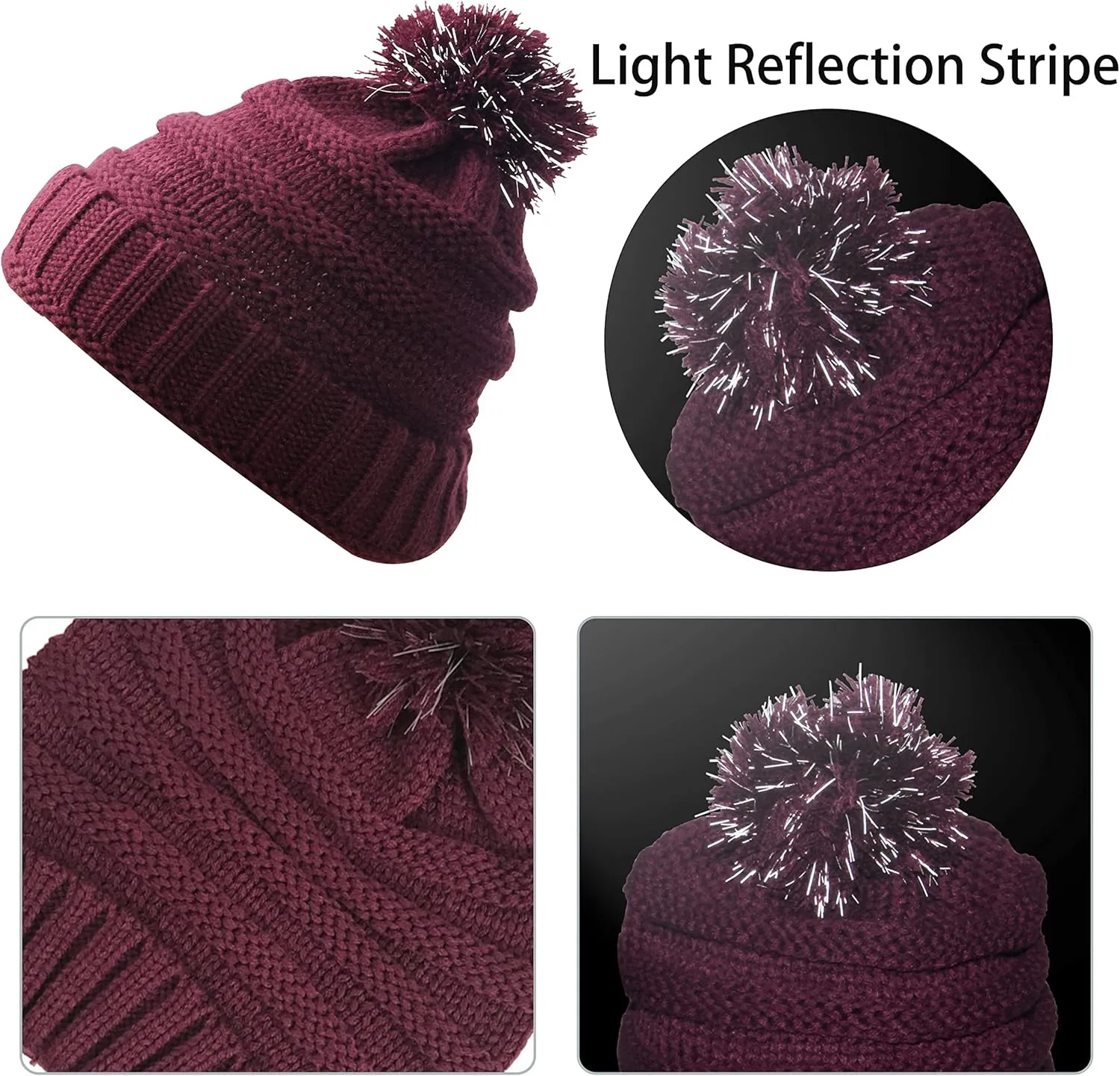 Winter Hat Gloves Scarf Set Women, Beanie with Pom Touchscreen Gloves Warm Knit Long Scarf 3 in 1 Set Gift for Women