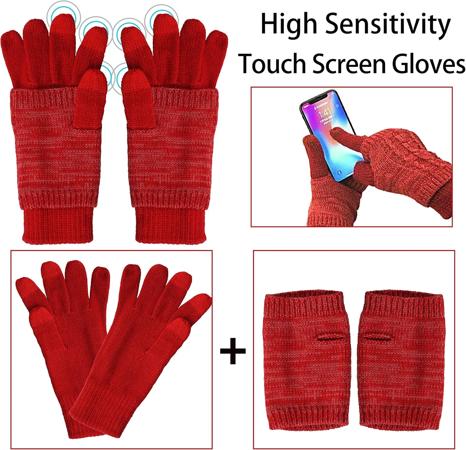 Winter Hat Gloves Scarf Set Women, Beanie with Pom Touchscreen Gloves Warm Knit Long Scarf 3 in 1 Set Gift for Women