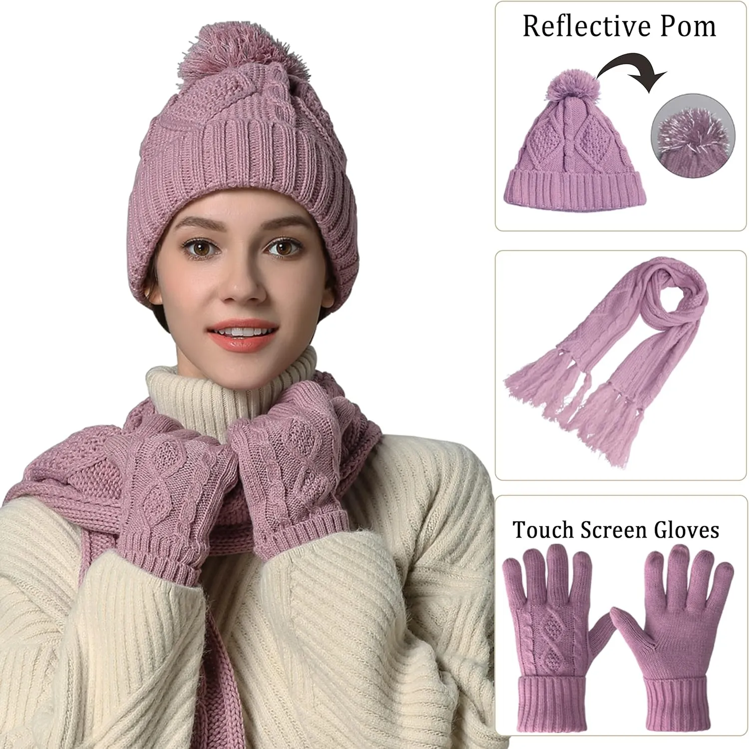 Winter Hat Gloves Scarf Set Women, Beanie with Pom Touchscreen Gloves Warm Knit Long Scarf 3 in 1 Set Gift for Women