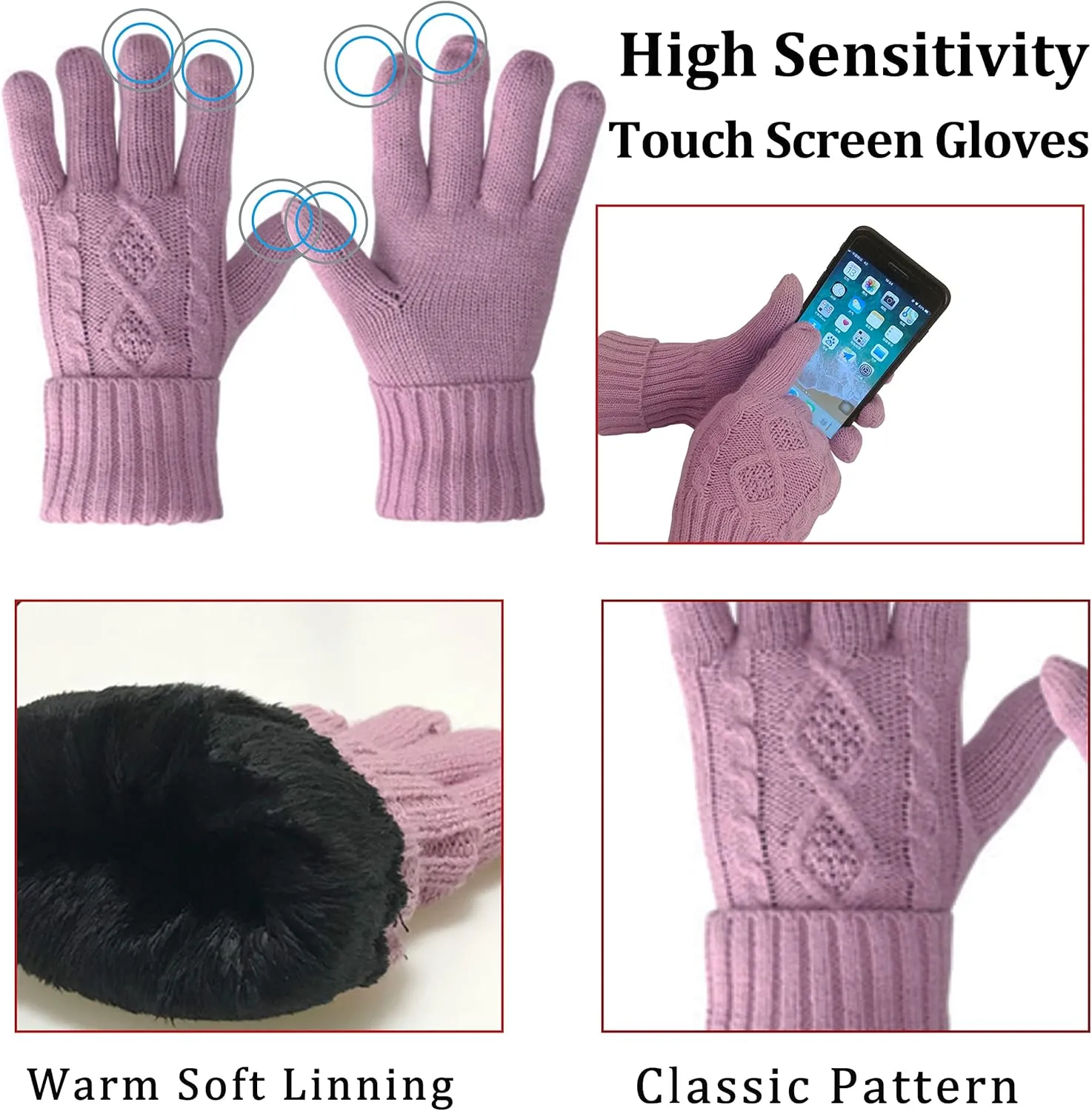 Winter Hat Gloves Scarf Set Women, Beanie with Pom Touchscreen Gloves Warm Knit Long Scarf 3 in 1 Set Gift for Women