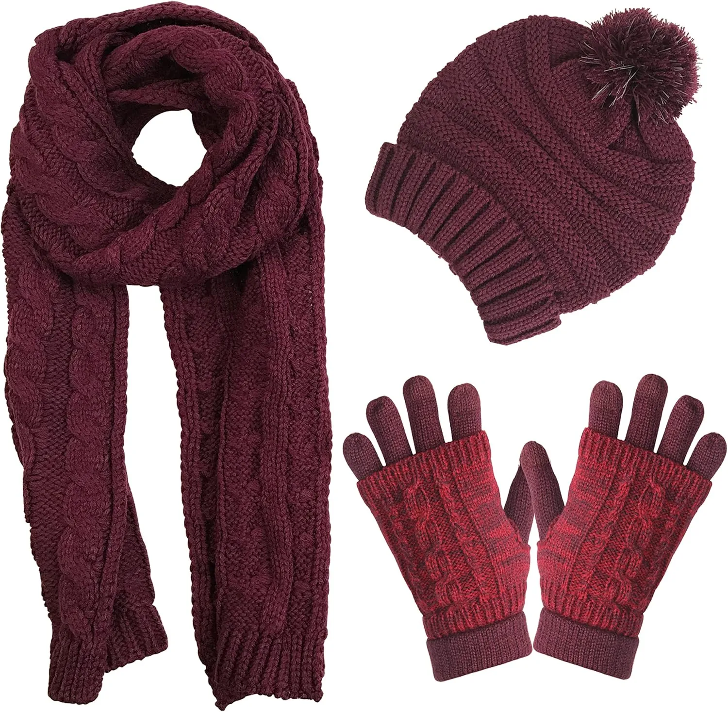 Winter Hat Gloves Scarf Set Women, Beanie with Pom Touchscreen Gloves Warm Knit Long Scarf 3 in 1 Set Gift for Women