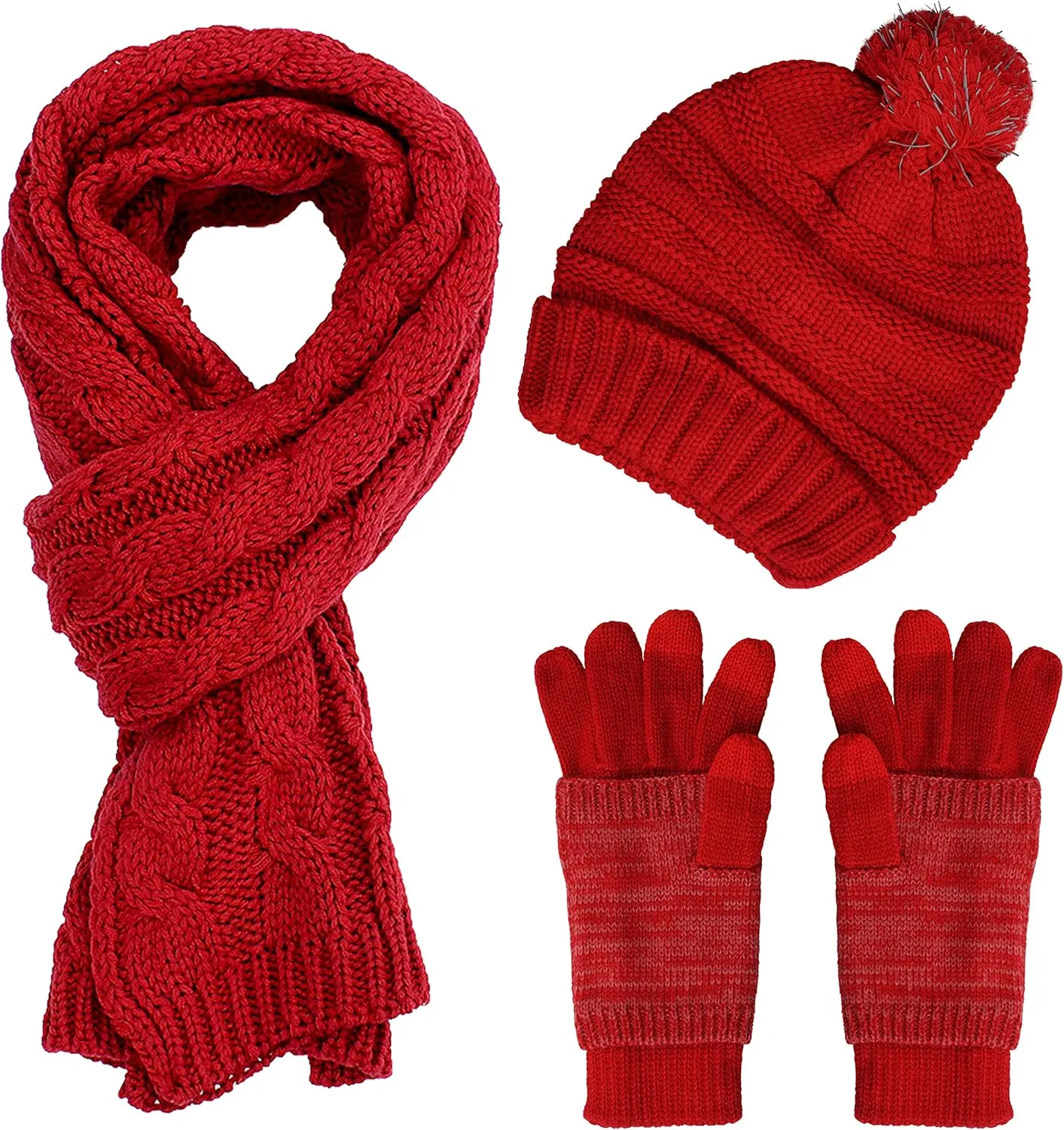 Winter Hat Gloves Scarf Set Women, Beanie with Pom Touchscreen Gloves Warm Knit Long Scarf 3 in 1 Set Gift for Women