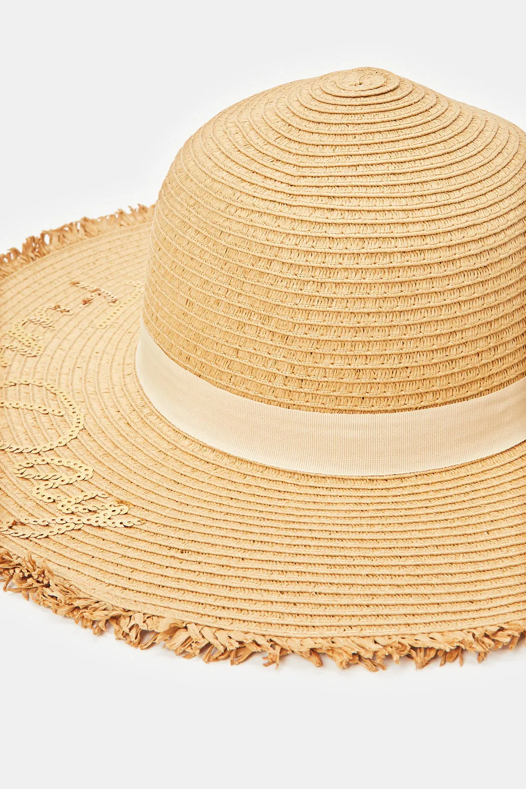 Women Beige Sequin Embellished Hat
