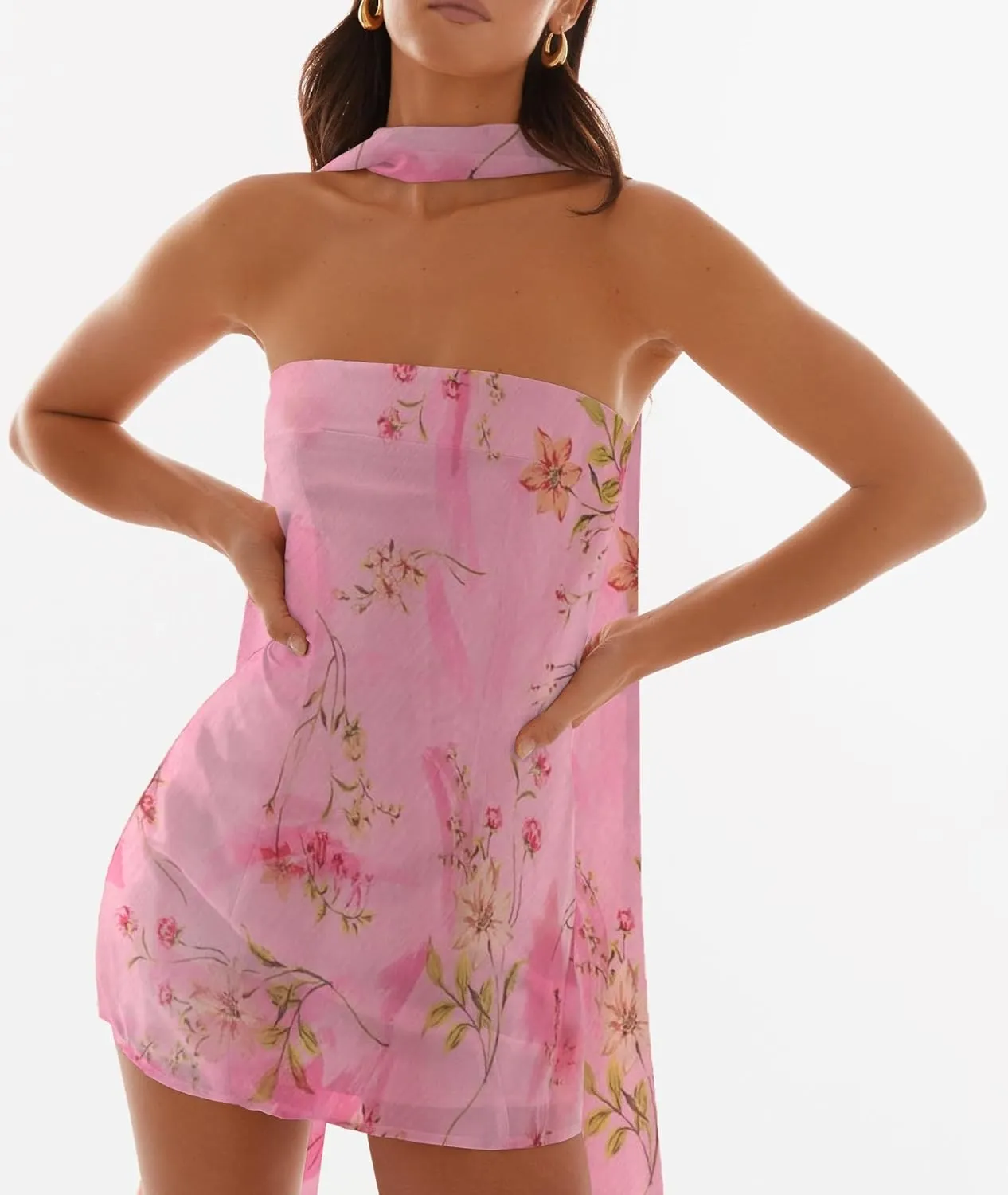 Women Floral Tube Mini Dress with Scarf Y2k Strapless Backless Mesh Short Bodycon Dresses Summer Tube Top Dress
