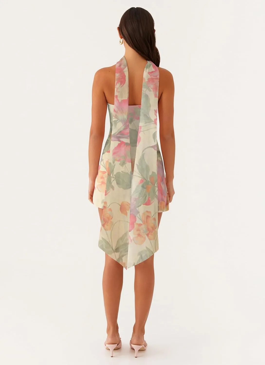 Women Floral Tube Mini Dress with Scarf Y2k Strapless Backless Mesh Short Bodycon Dresses Summer Tube Top Dress