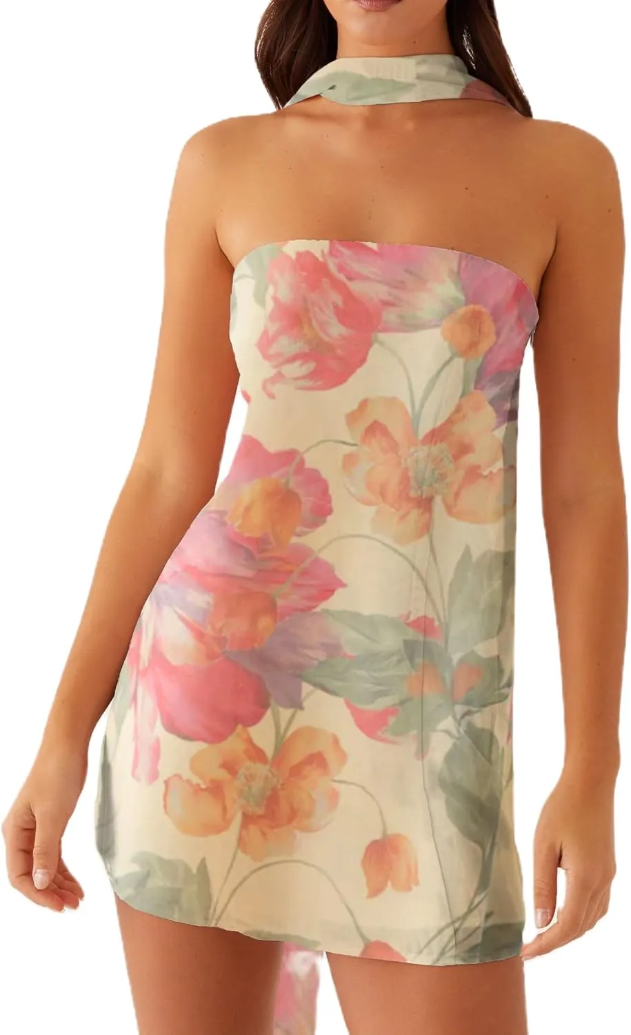 Women Floral Tube Mini Dress with Scarf Y2k Strapless Backless Mesh Short Bodycon Dresses Summer Tube Top Dress