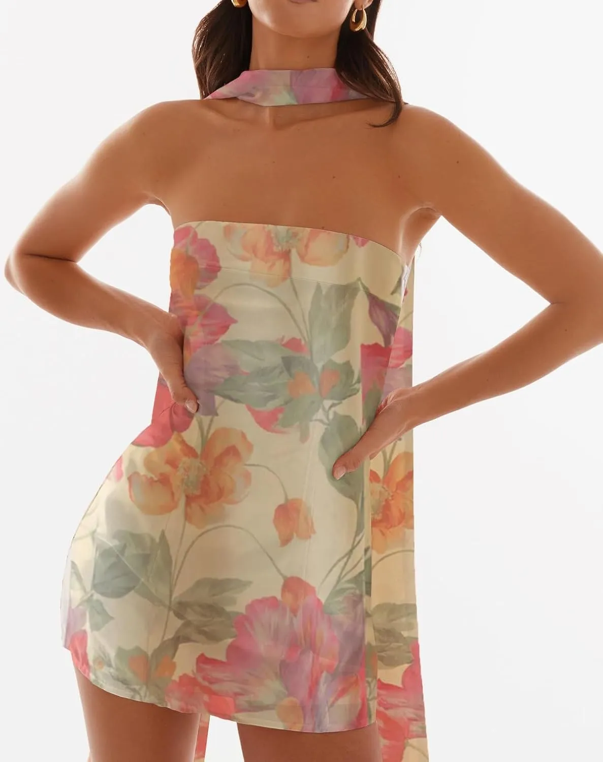 Women Floral Tube Mini Dress with Scarf Y2k Strapless Backless Mesh Short Bodycon Dresses Summer Tube Top Dress