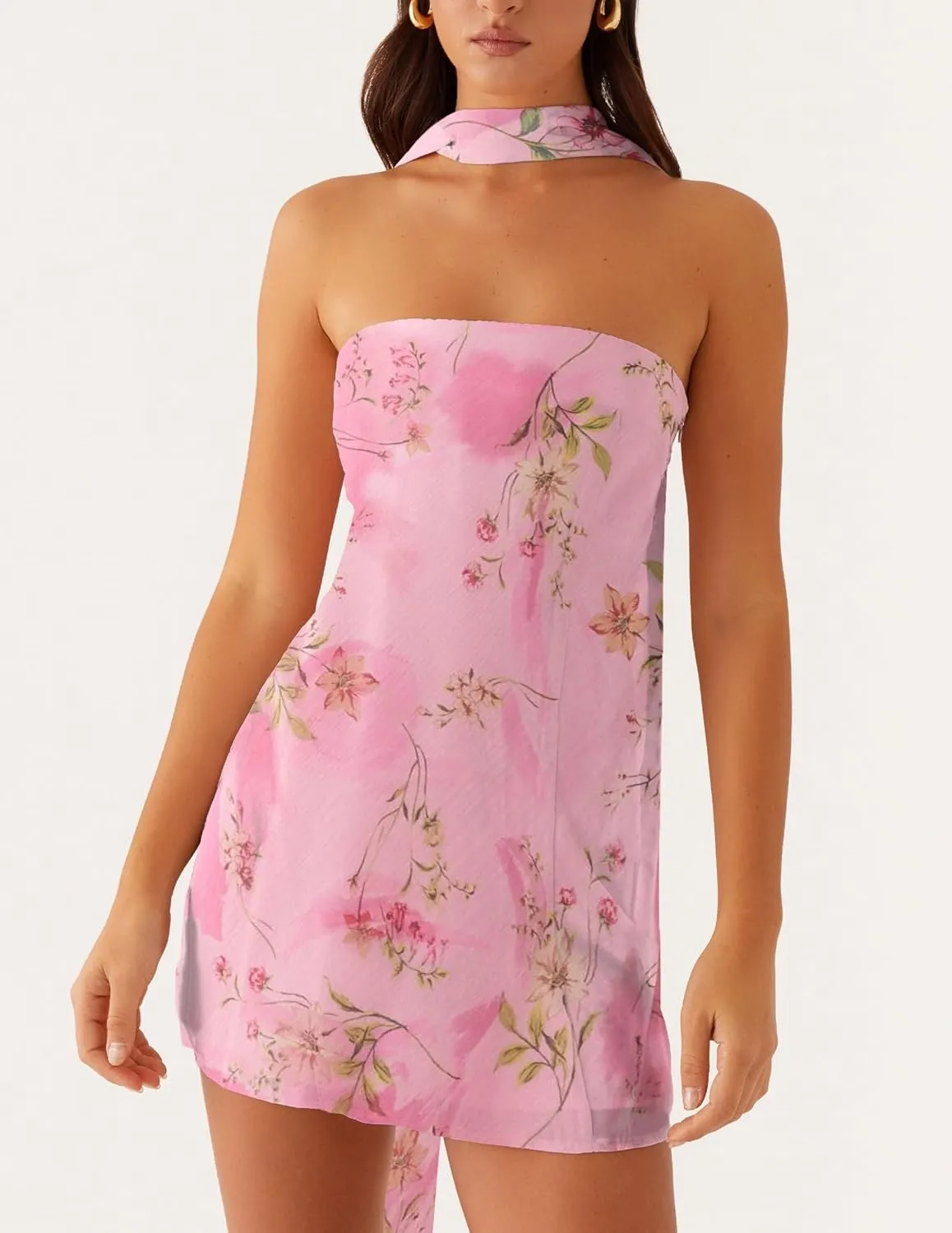Women Floral Tube Mini Dress with Scarf Y2k Strapless Backless Mesh Short Bodycon Dresses Summer Tube Top Dress