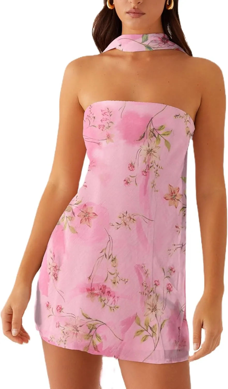 Women Floral Tube Mini Dress with Scarf Y2k Strapless Backless Mesh Short Bodycon Dresses Summer Tube Top Dress