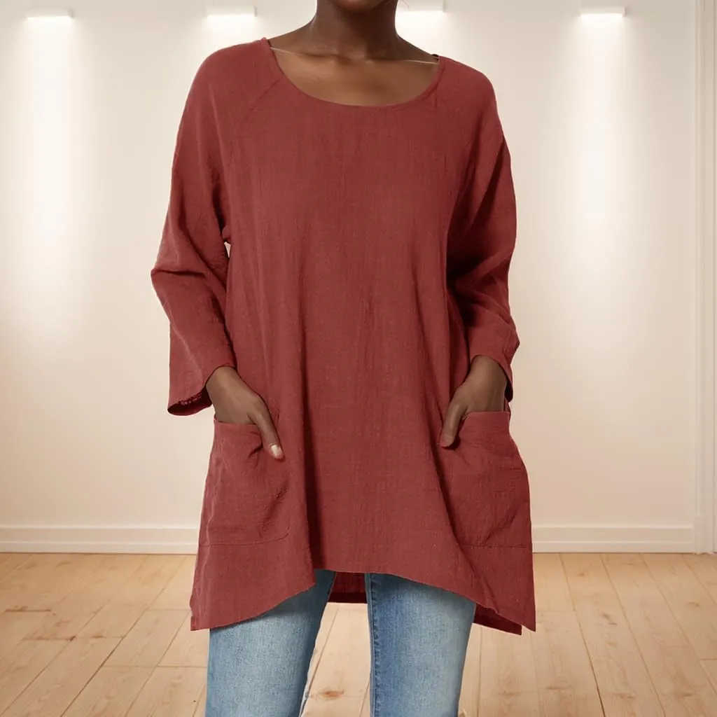 Women Flowy Cotton Linen T Shirt Casual Long Sleeve Crewneck Top Tunic Loose Solid Dressy Blouse 2024 with Pocket