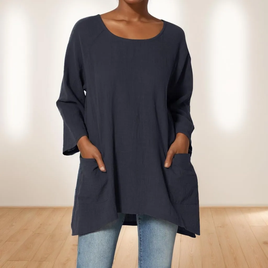 Women Flowy Cotton Linen T Shirt Casual Long Sleeve Crewneck Top Tunic Loose Solid Dressy Blouse 2024 with Pocket