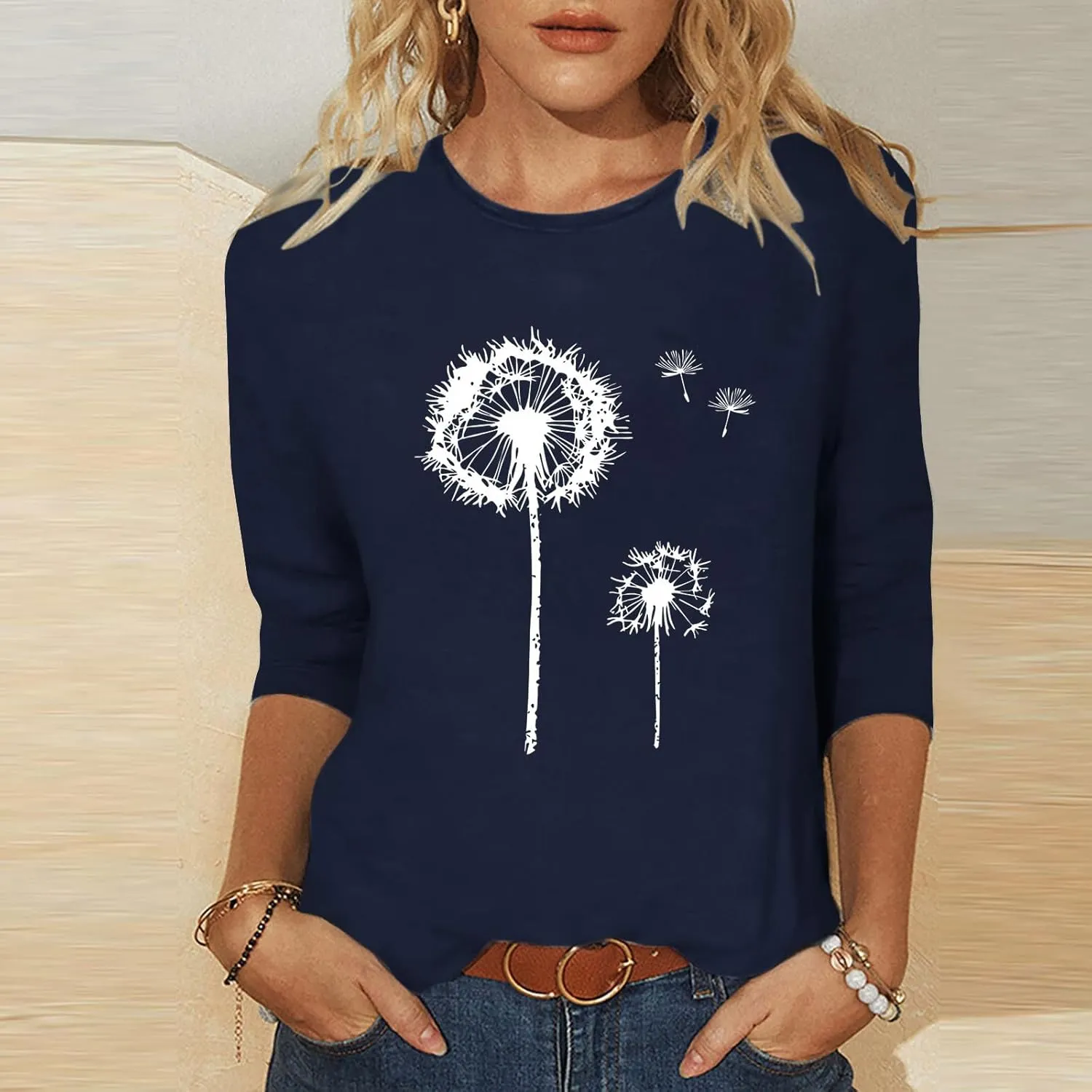 Women Summer Fashion Tops Dandelion Print 3/4 Sleeves Crew Neck Shirts Loose Fit Cute Graphic Tees Causal Blouse
