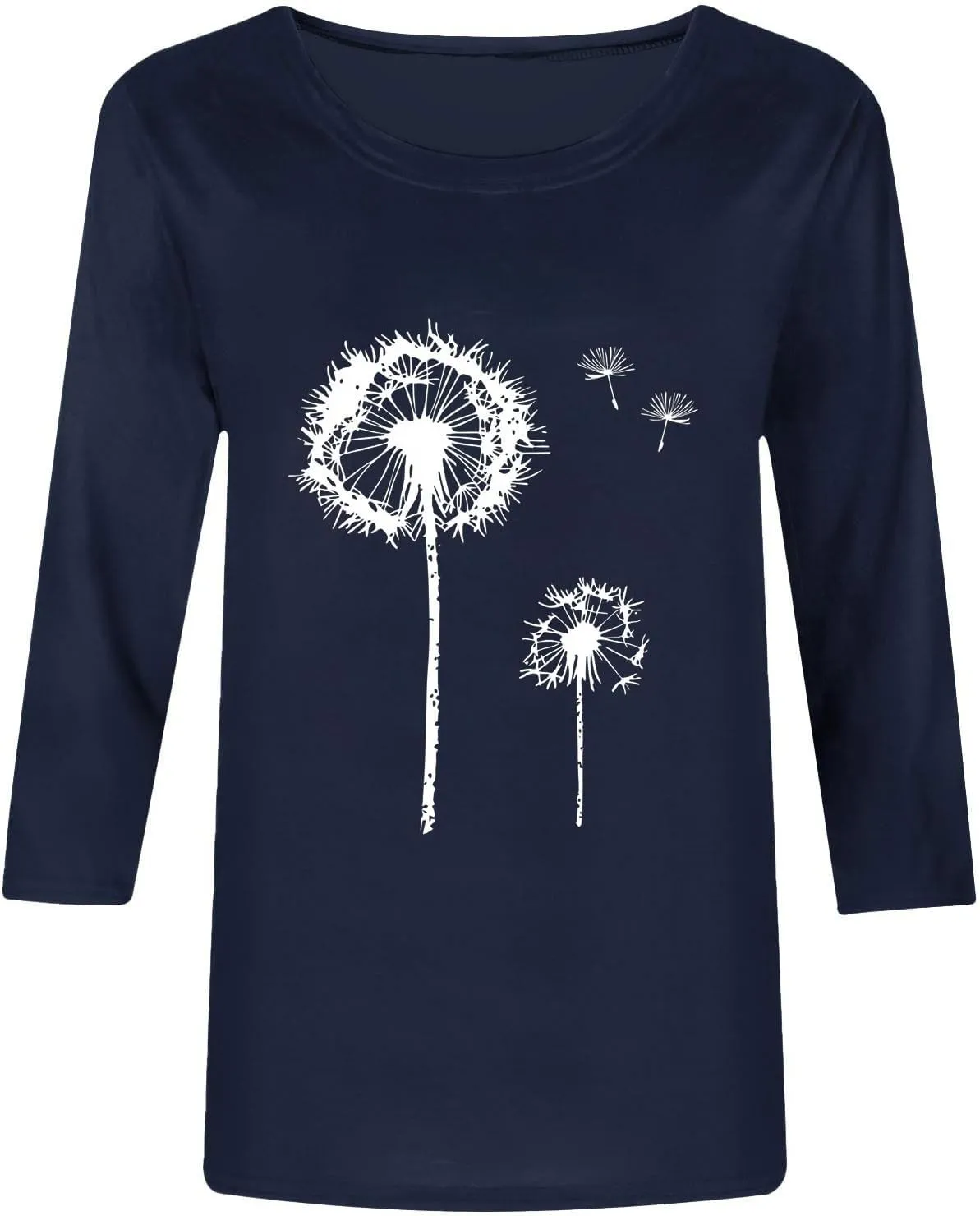 Women Summer Fashion Tops Dandelion Print 3/4 Sleeves Crew Neck Shirts Loose Fit Cute Graphic Tees Causal Blouse